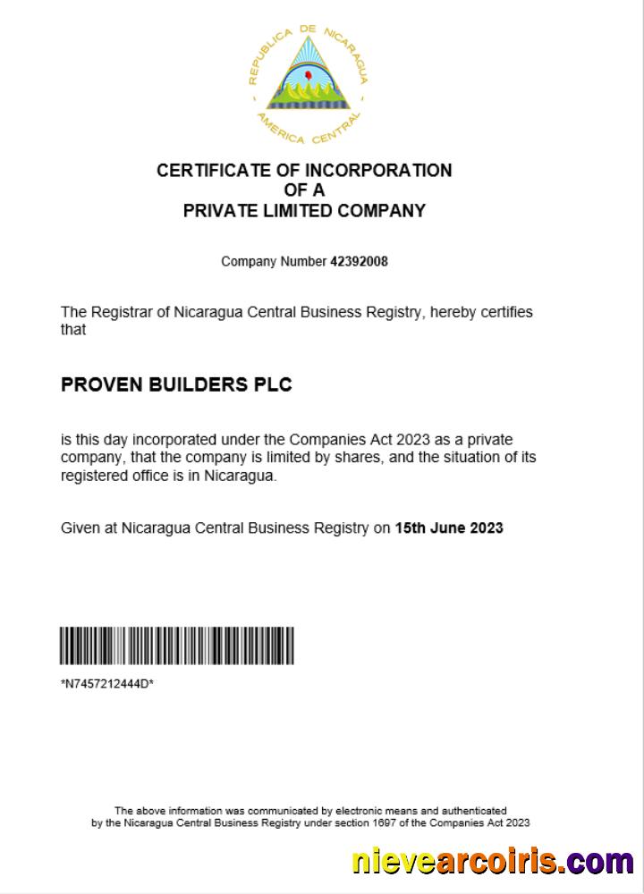 Nicaragua business registration certificate